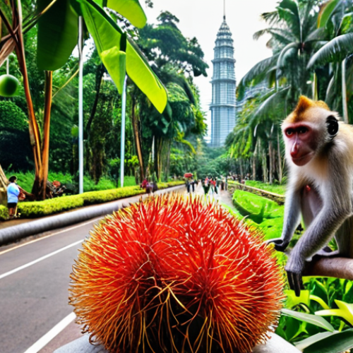 **

Lush urban park in Kuala Lumpur, Malaysia, teeming with diverse wildlife. Monkeys freely roam near families enjoying recreation. Focus on rich flora, including local fruit trees like rambutan and mango attracting colorful birds and butterflies.

**