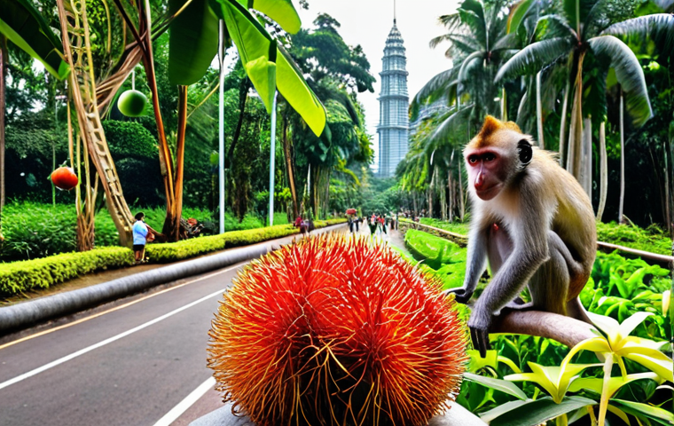 **
Lush urban park in Kuala Lumpur, Malaysia, teeming with diverse wildlife. Monkeys freely roam near families enjoying recreation. Focus on rich flora, including local fruit trees like rambutan and mango attracting colorful birds and butterflies.
**