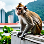 A resilient Long-tailed Macaque (kera) perched calmly on a modern building ledge in a bustling Malaysian city, with lush tropical trees and other high-rise buildings in the background. The macaque is in a natural, alert pose, showcasing its adaptability to the urban environment. The scene emphasizes the coexistence of nature and city life. Perfect anatomy, correct proportions, natural pose, professional photography, high quality, safe for work, appropriate content, fully clothed, modest, family-friendly.