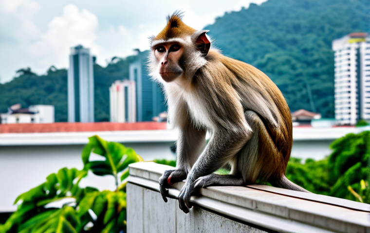A resilient Long-tailed Macaque (kera) perched calmly on a modern building ledge in a bustling Malaysian city, with lush tropical trees and other high-rise buildings in the background. The macaque is in a natural, alert pose, showcasing its adaptability to the urban environment. The scene emphasizes the coexistence of nature and city life. Perfect anatomy, correct proportions, natural pose, professional photography, high quality, safe for work, appropriate content, fully clothed, modest, family-friendly.